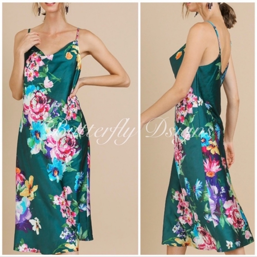 BNWT Umgee Satin Cami Slip Floral Dress, Sz M - Picture 2 of 4